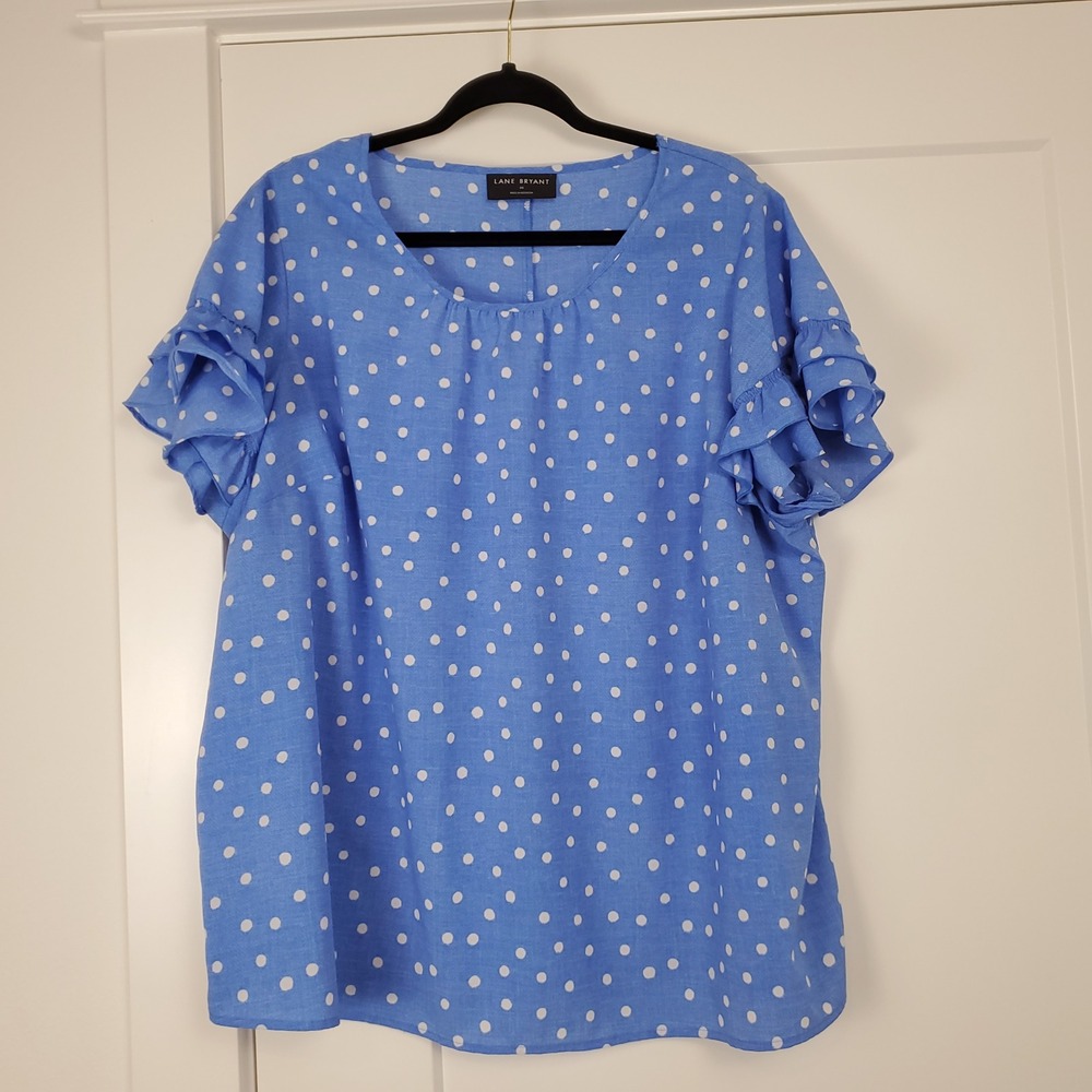 Lane Bryant Blouse Women 20 Blue Polka Dot Ruffle Sleeve Scoop Neck Top